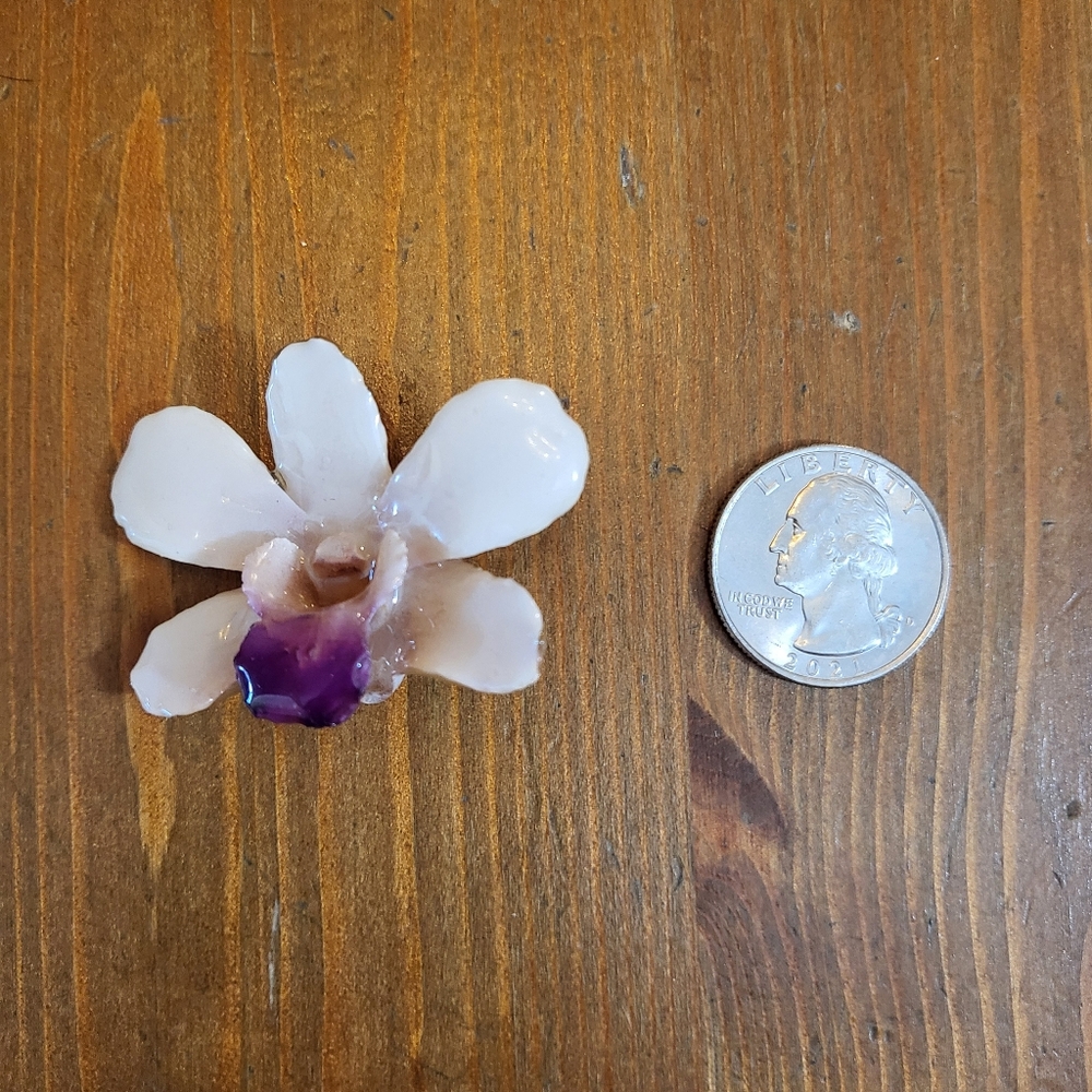 Resin Covered White and Purple Orchid Pendant, Gold Hardware